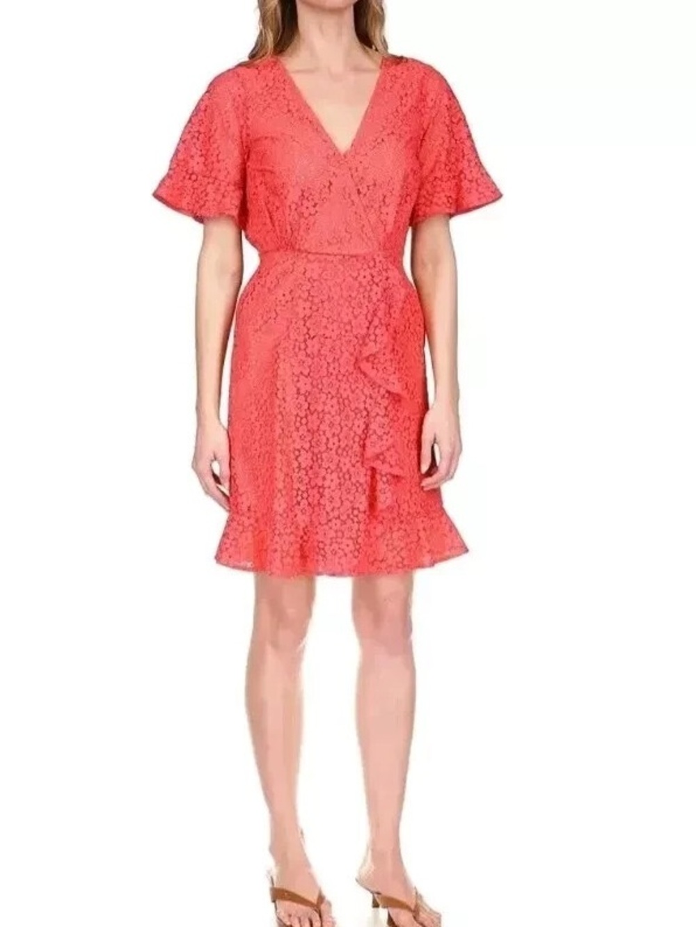 Michael Kors NWT V Neck Short Sleeve Geranium Lace Ruffle XS